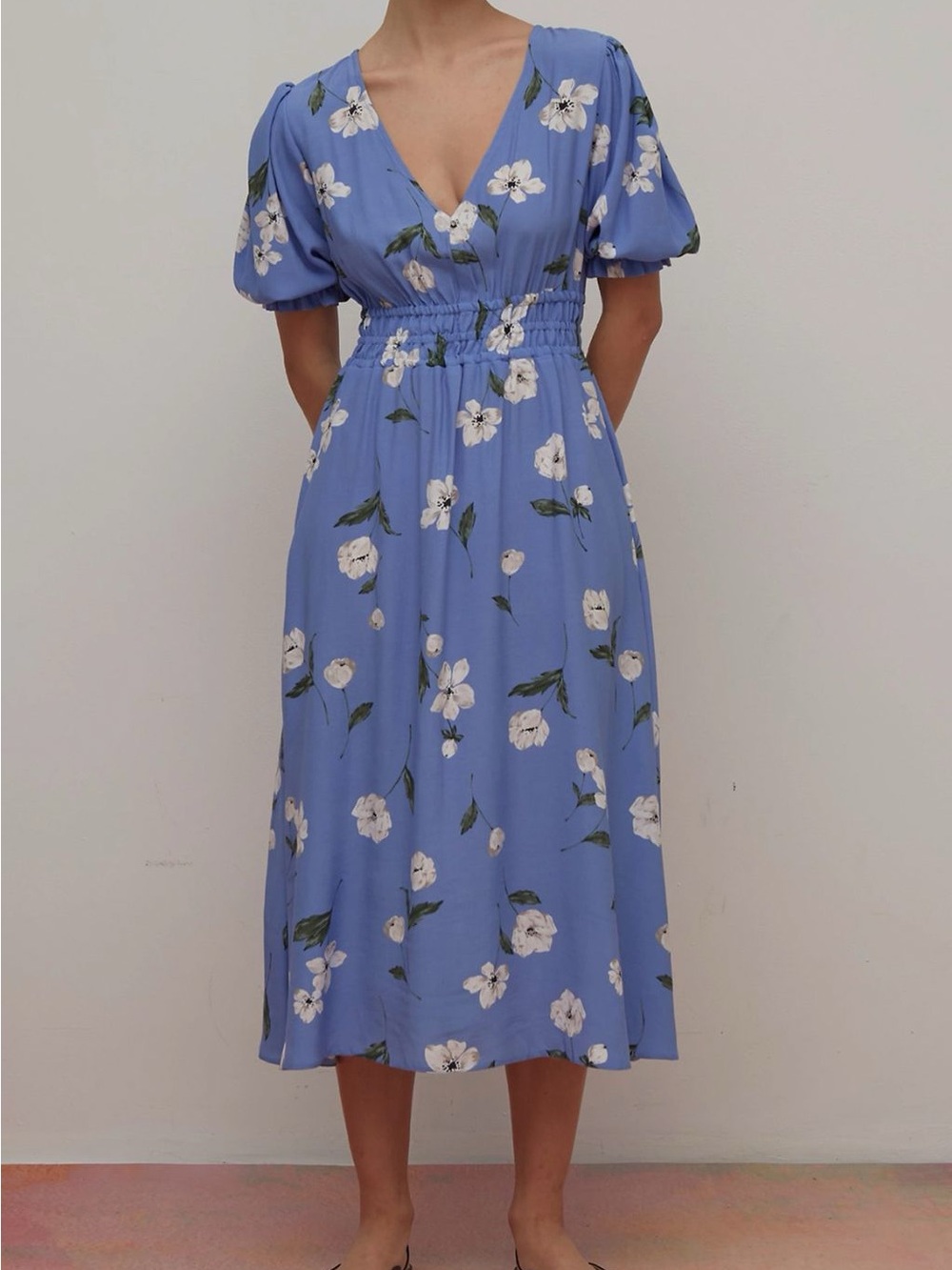 ASOS Nobody’s Child Smocked Floral Magnolia Midi Dress Tie Back 2 Perwinkle